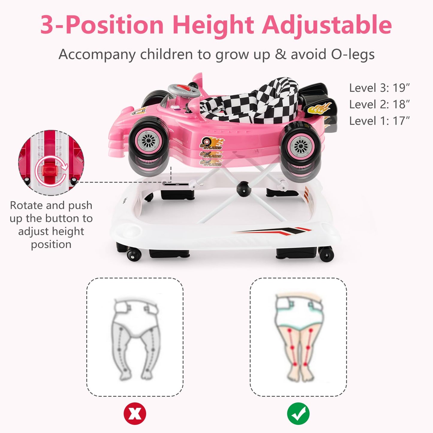 Infans Foldable Baby Walker, 3 In 1 Toddler Activity Center Leaning-Seated Walk-Behind With Steering Wheel, Adjustable Height, L