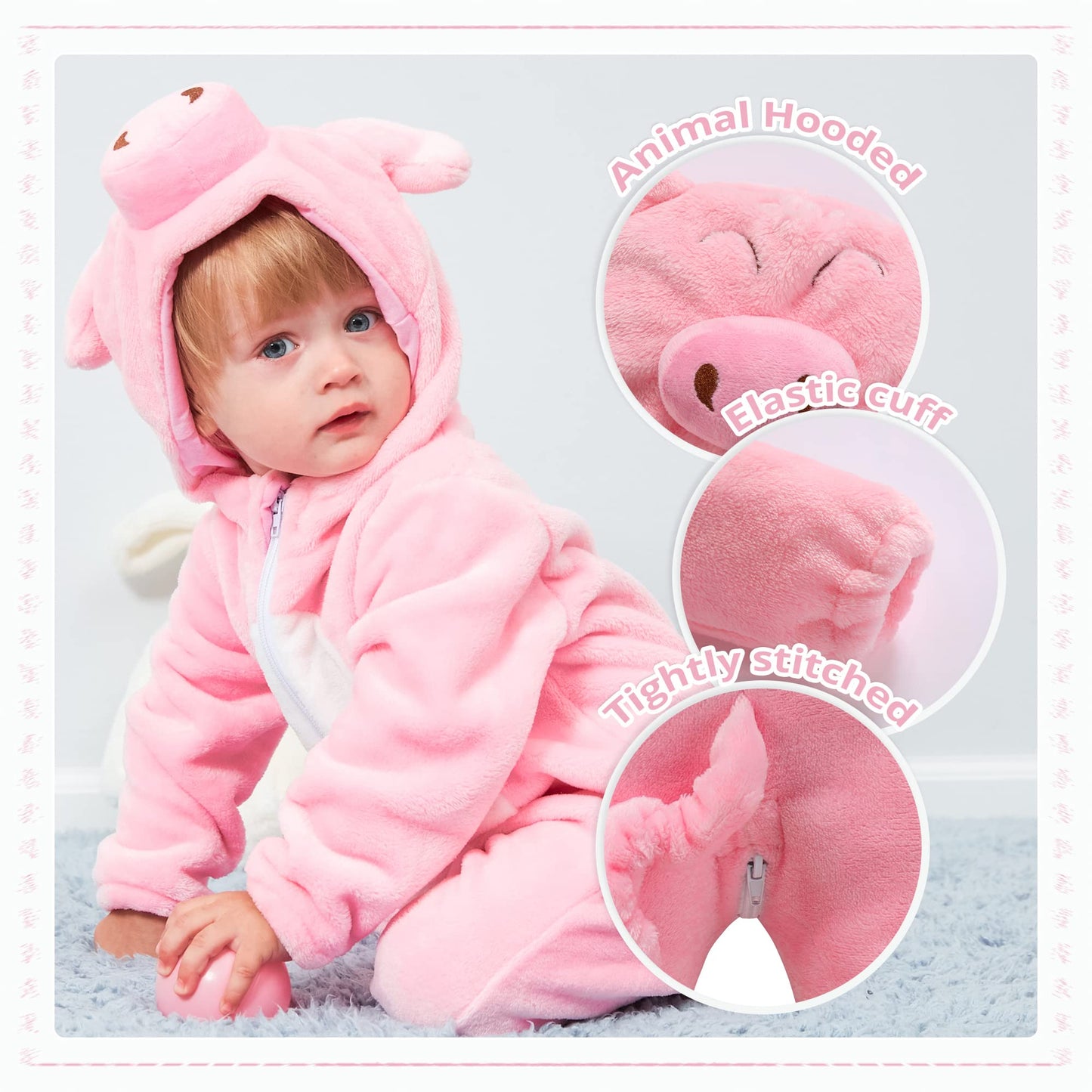 Michley Baby Romper Winter Flannel Newborn Infant Jumpsuit Outfit Animal Cosplay Halloween Costume, Pink Pig, 13-18 Months, Size