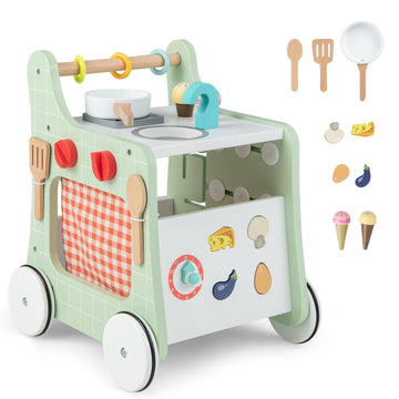 HONEY JOY Baby Push Walker, 6-in-1 Wooden Play Kitchen Walker Activity Center w/Shape Sorter, Develop Motor Skills & Creativity,