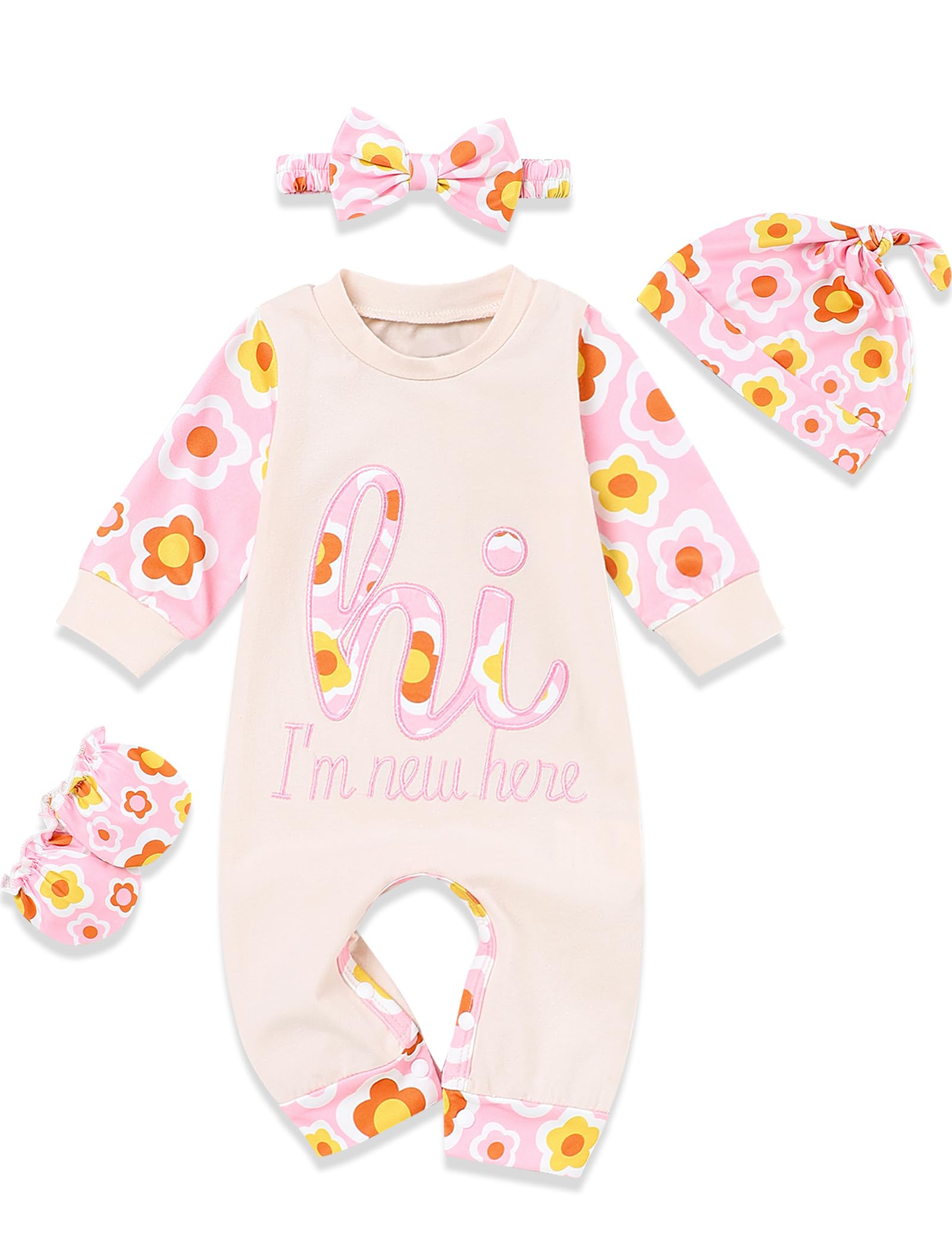 Rcpatern Born Baby Girl Clothes Letter Print Romper Jumpsuits 4Pcs Clothing Set Cute Infant Outfit Born Infant Girls Apricot