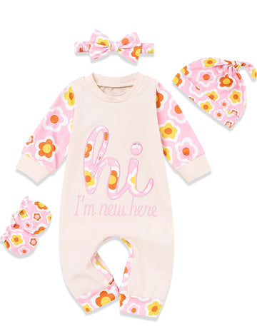 Rcpatern Born Baby Girl Clothes Letter Print Romper Jumpsuits 4Pcs Clothing Set Cute Infant Outfit Born Infant Girls Apricot