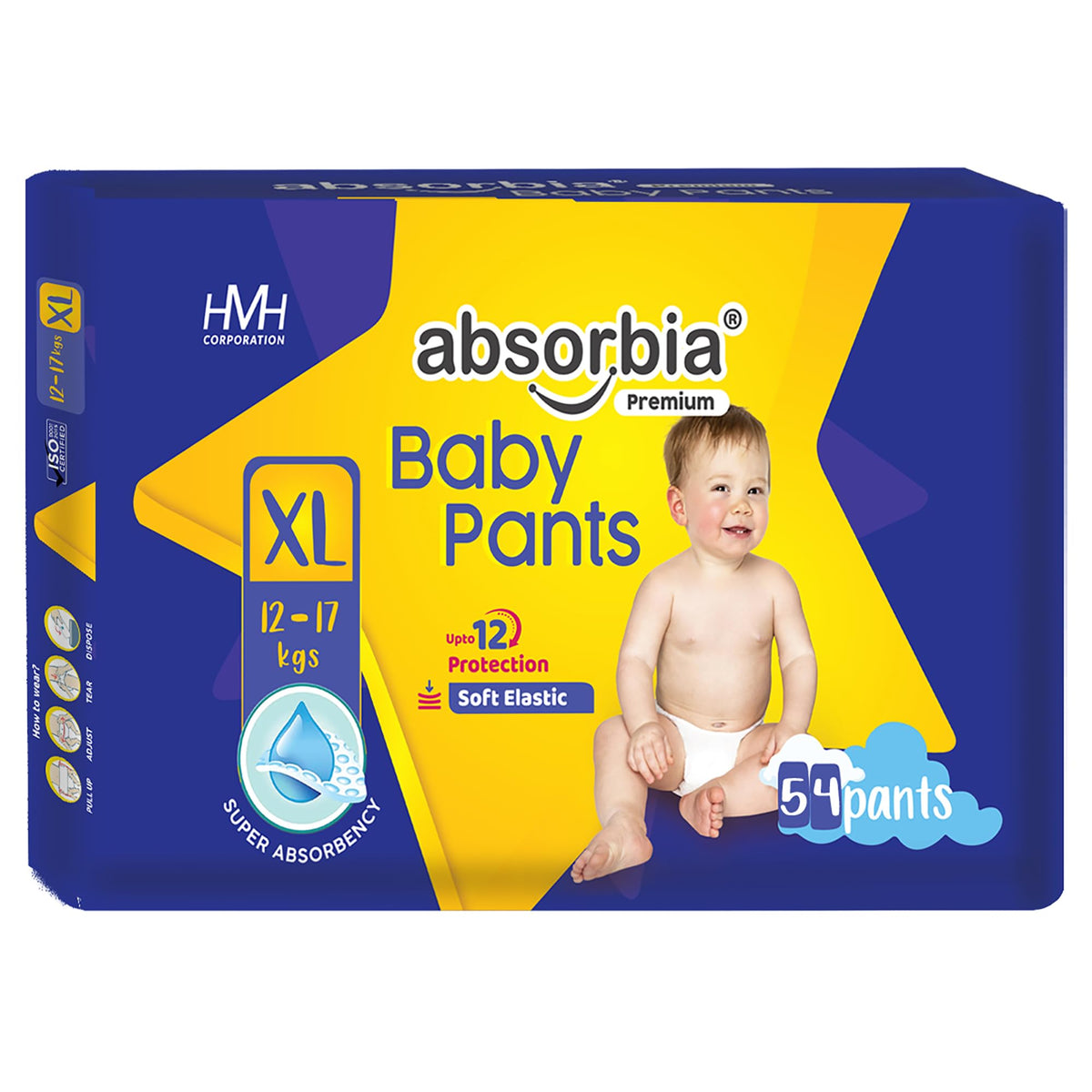 Absorbia Jumbo Baby Pant Diaper Extra Large (Xl) 1217 Kg, 54S X Pack Of 1 | Up To 12Hrs Protection | Cottony Soft Comfort For S