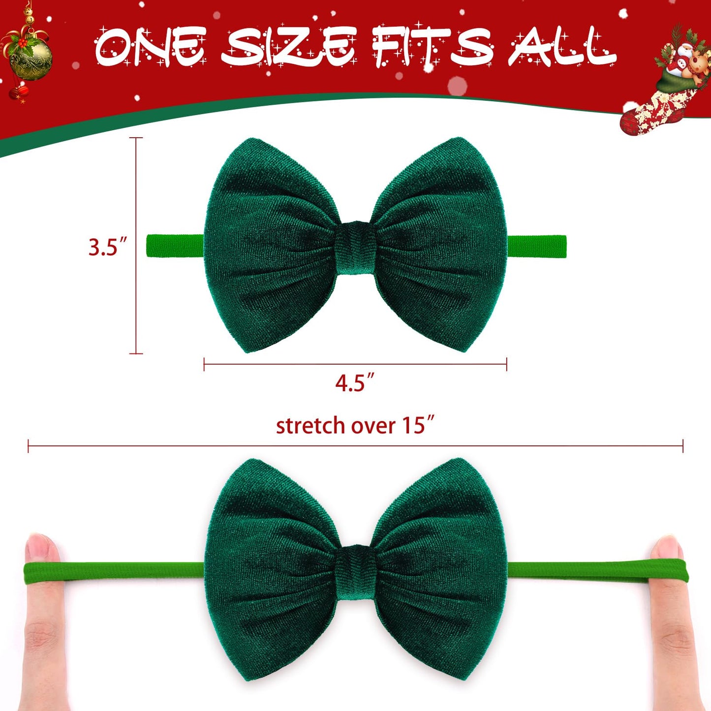 Yanjie Hairband - Handmade Stretchy Nylon Hairbands With 3 Green-Velvet Bows, Ideal For Baby Infants Toddlers Child, Unisex-B, 1