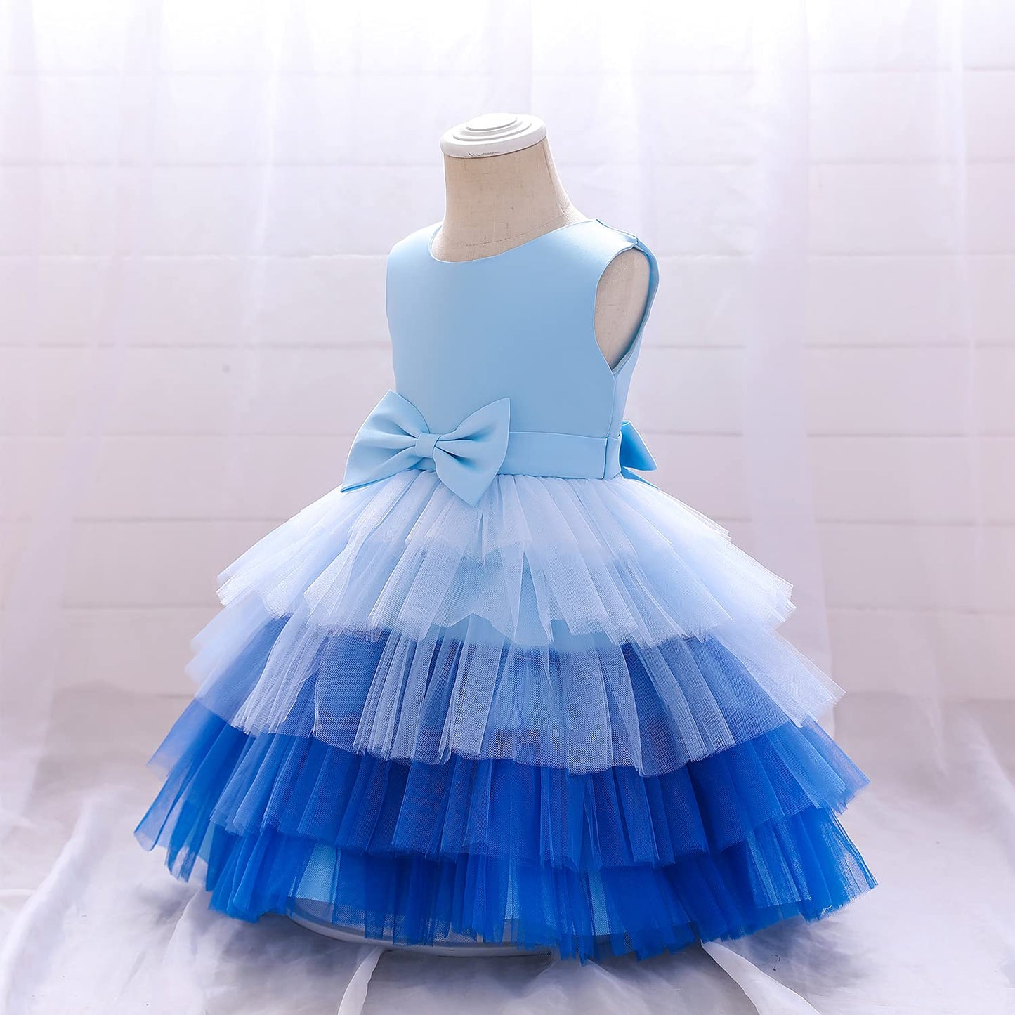 Flower Baby Girl Lace Dress Toddler Tulle Sleeveless Bow Princess Party Wedding Pageant Bridesmaid (Blue.12-24 Months)