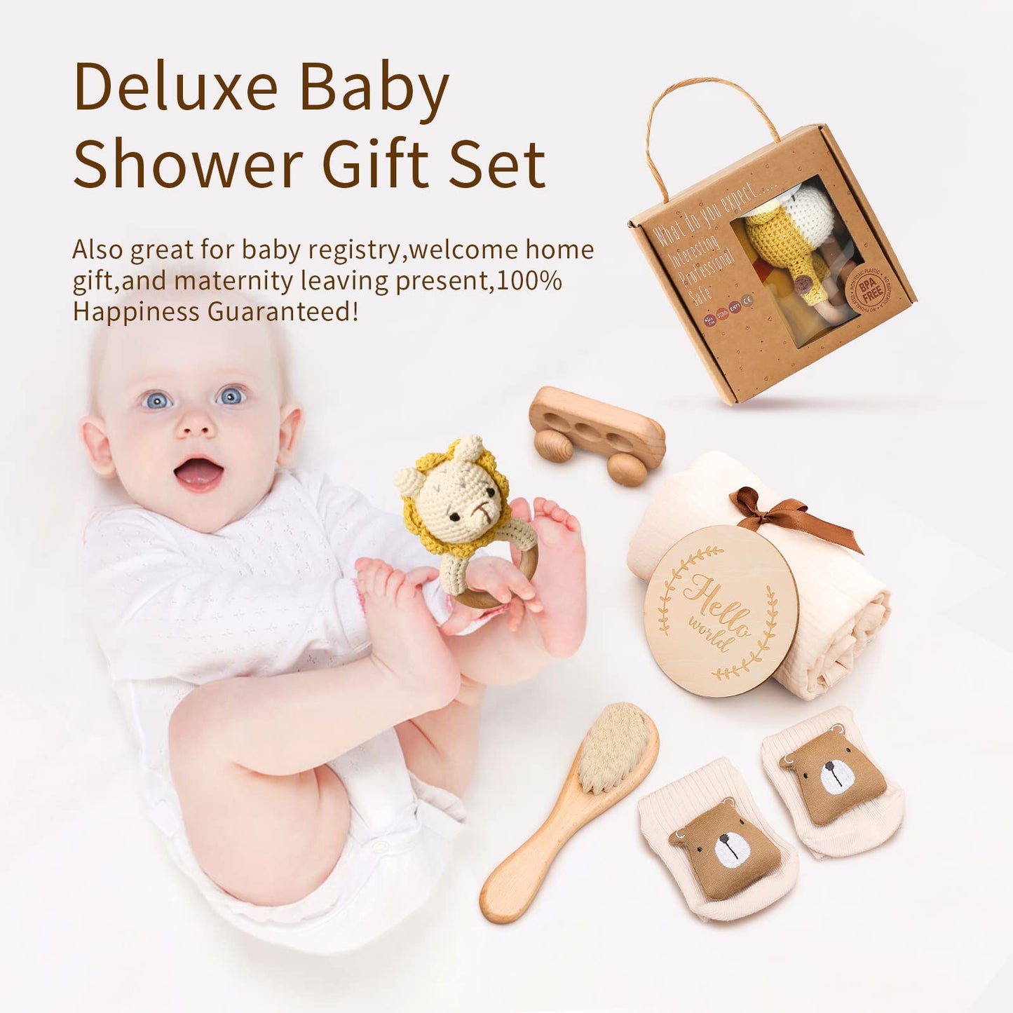 New Born Baby Gift Basket, Baby Boys Girls Shower Gifts With Wooden Lion Rattle, 6Pcs New Born Essentials Bath Set With Baby Bru