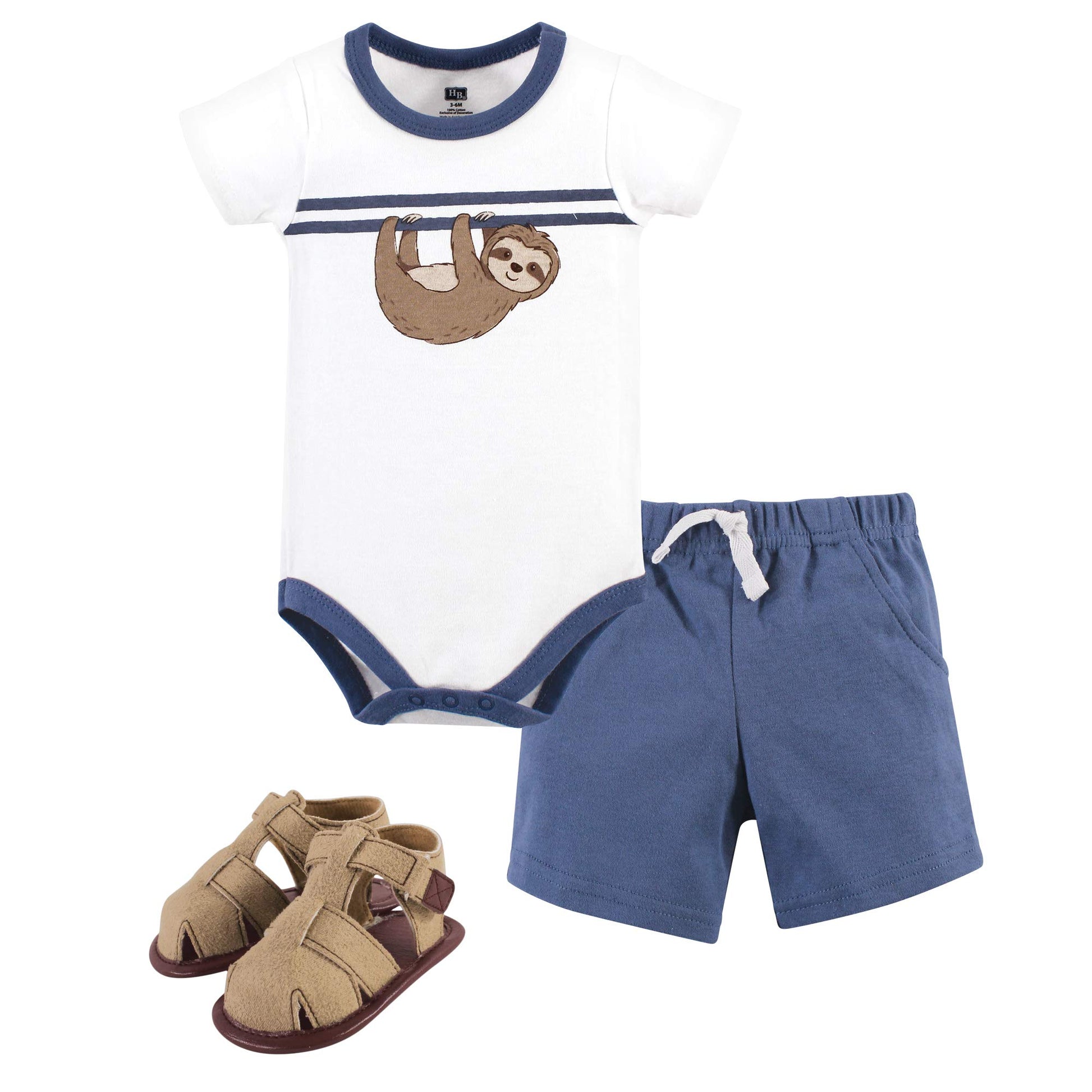 Hudson Baby Unisex Baby Cotton Bodysuit, Shorts And Shoe Set, Sloth, 12-18 Months