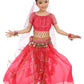 Girls Belly Dance Top Skirt Set Halloween Costume With Head Veil,Waist Chain(Hot Pink,L)