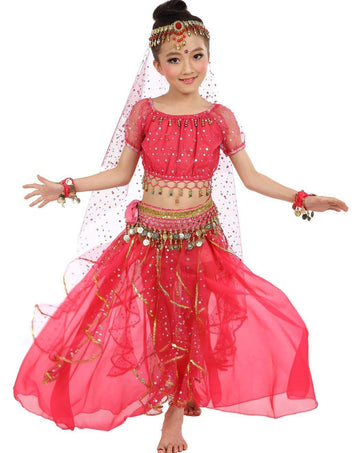 Girls Belly Dance Top Skirt Set Halloween Costume With Head Veil,Waist Chain(Hot Pink,L)