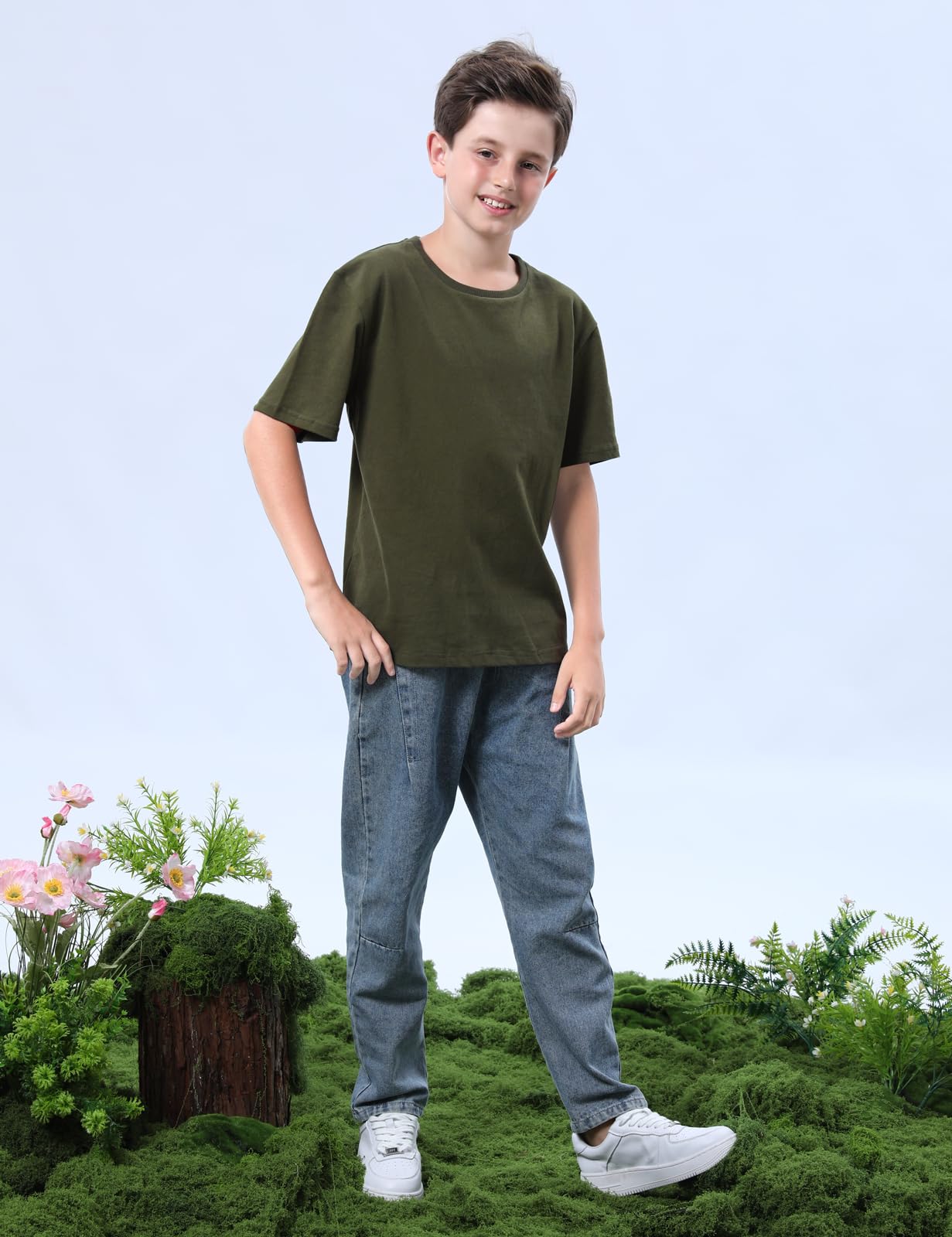 Cosland Boys T-Shirts Short Sleeve Tee Shirts Crew Neck Cotton Kids Shirts, 3T Army Green