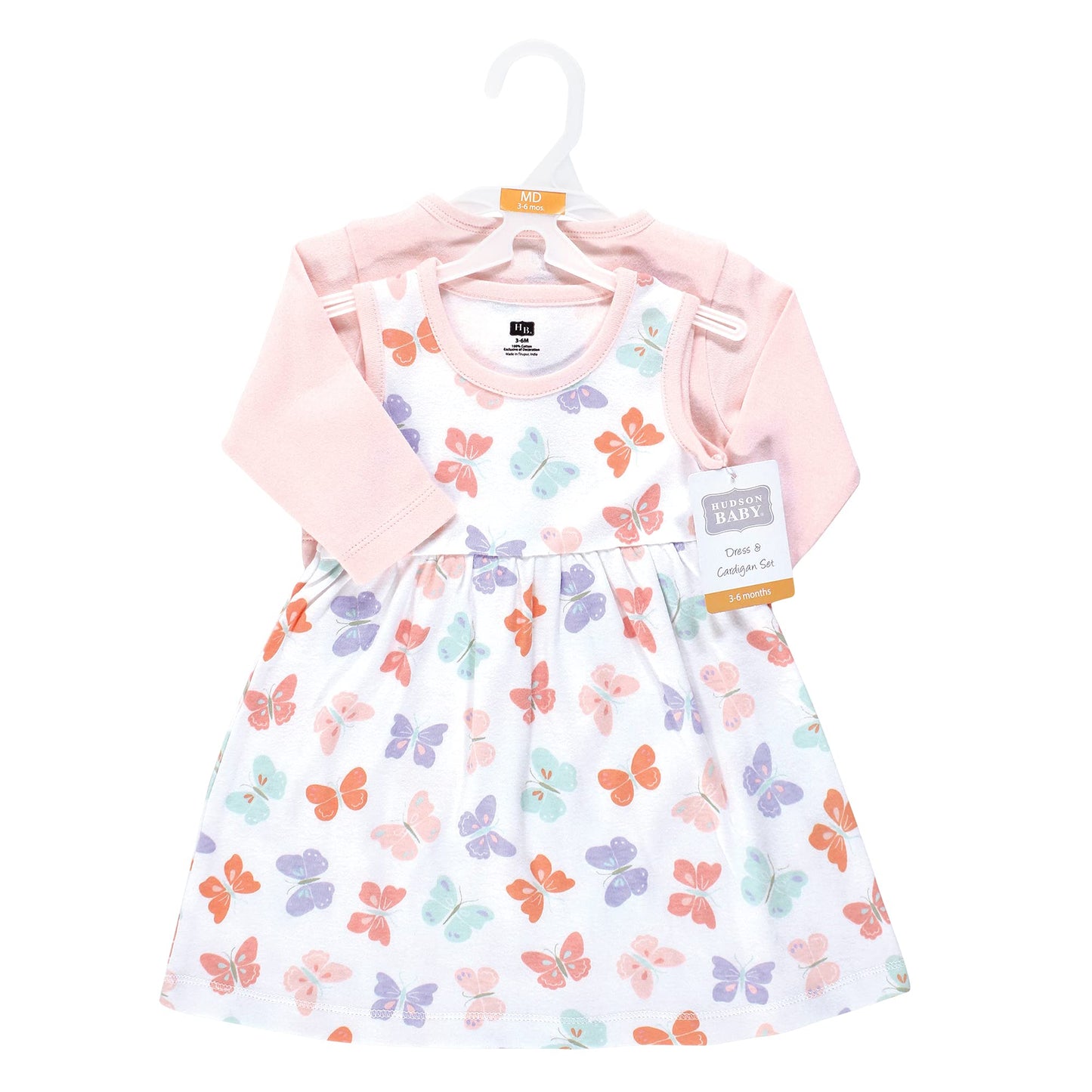 Hudson Baby Baby Girls Cotton And Cardigan Set Casual Dress, Pastel Butterfly, 3T Us
