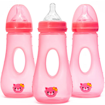 Avima Easy Grip Anti Colic Baby Bottles, BPA Free, 8 oz. Wide Neck with Medium Flow Silicone Nipples, Pink (Pack of 3)