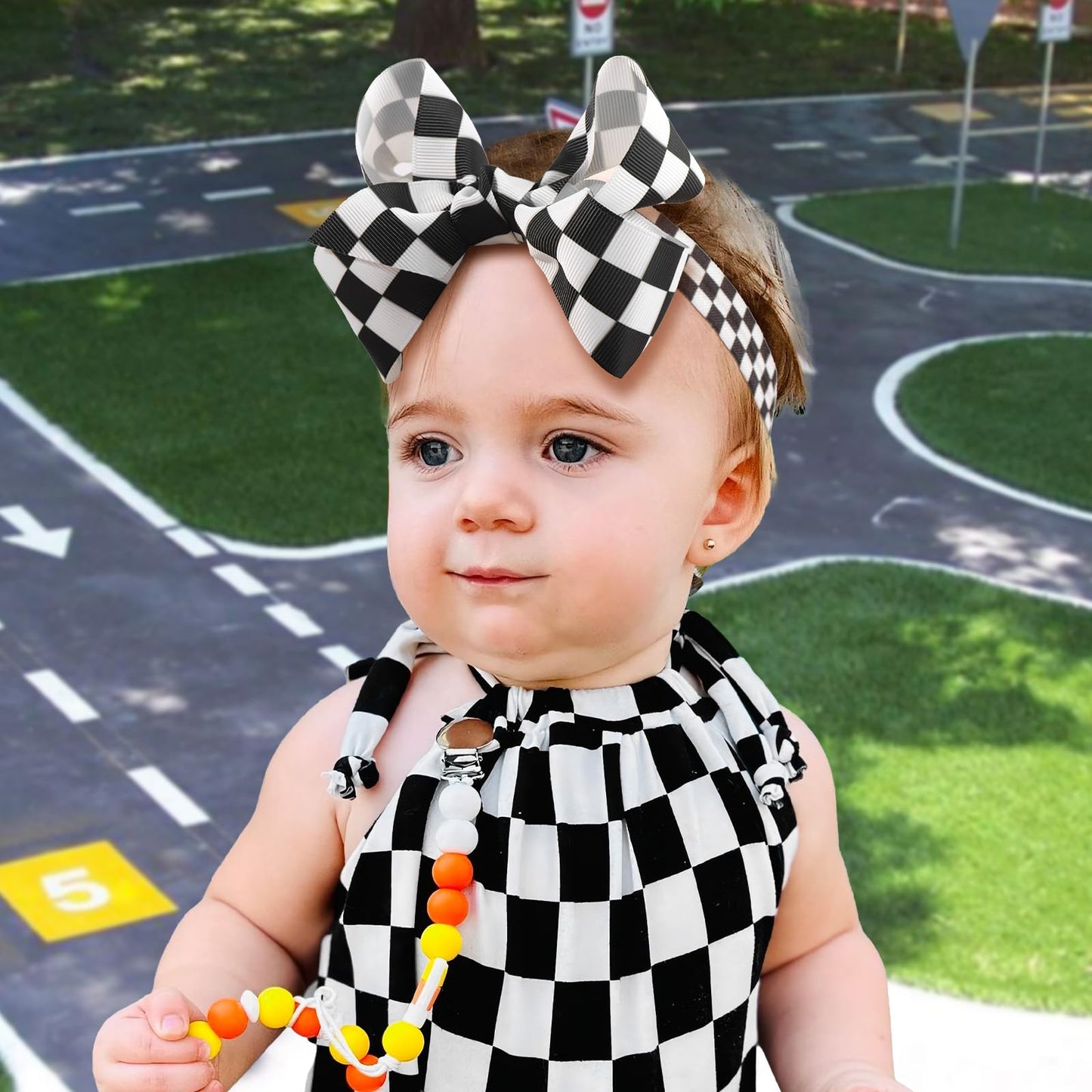 Yanjie 5' Checkered Hair Bow Black And White Bow Racing Checkered Flag Hair Bow Elastic Plaid Bow Headband Hair Accessories For