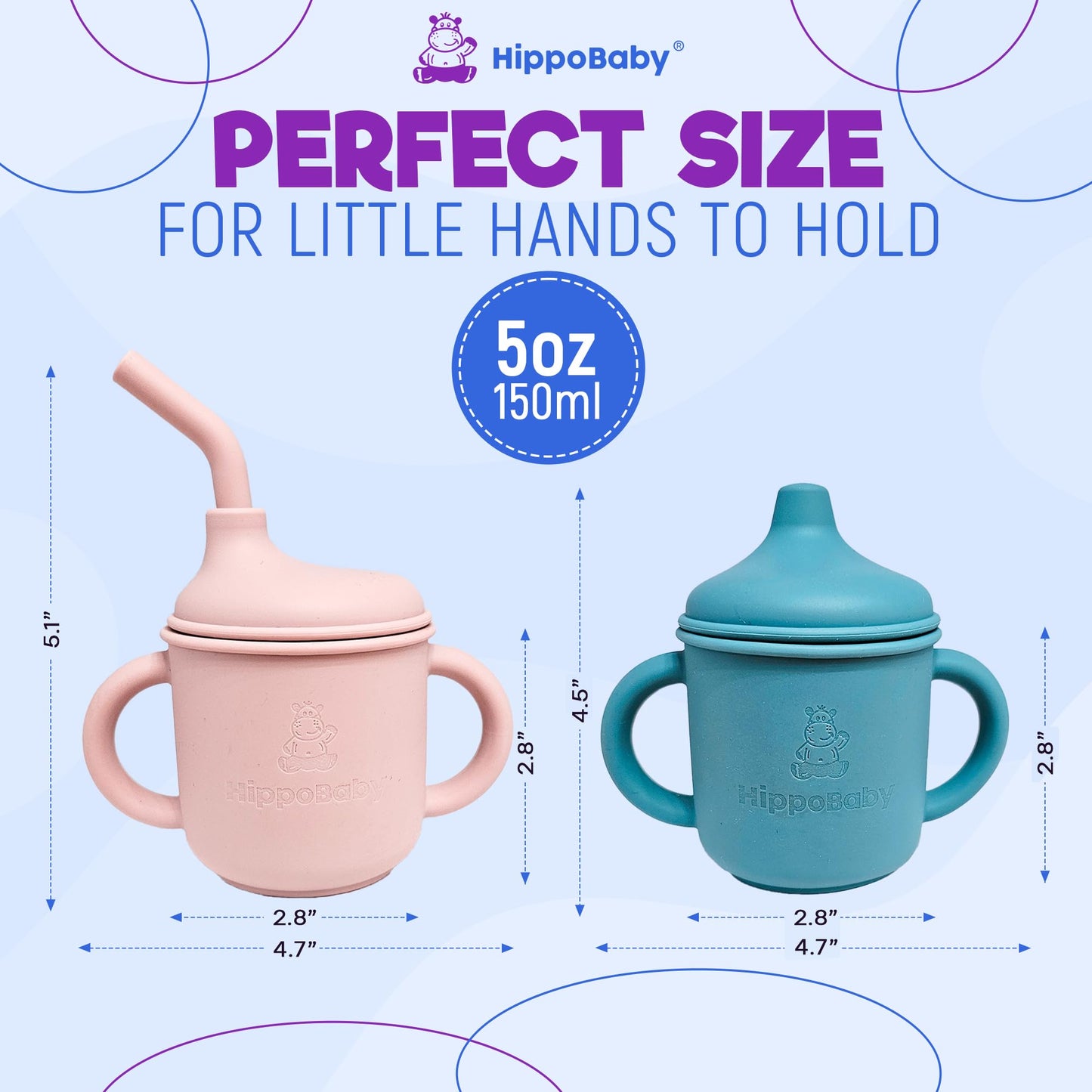 Hippobaby Silicone Transition Sippy Cup For 6+ Month Old | Includes 1 Toddler Straw Cup & 1 Sippy Cup With Handles 5 Oz| Baby Si