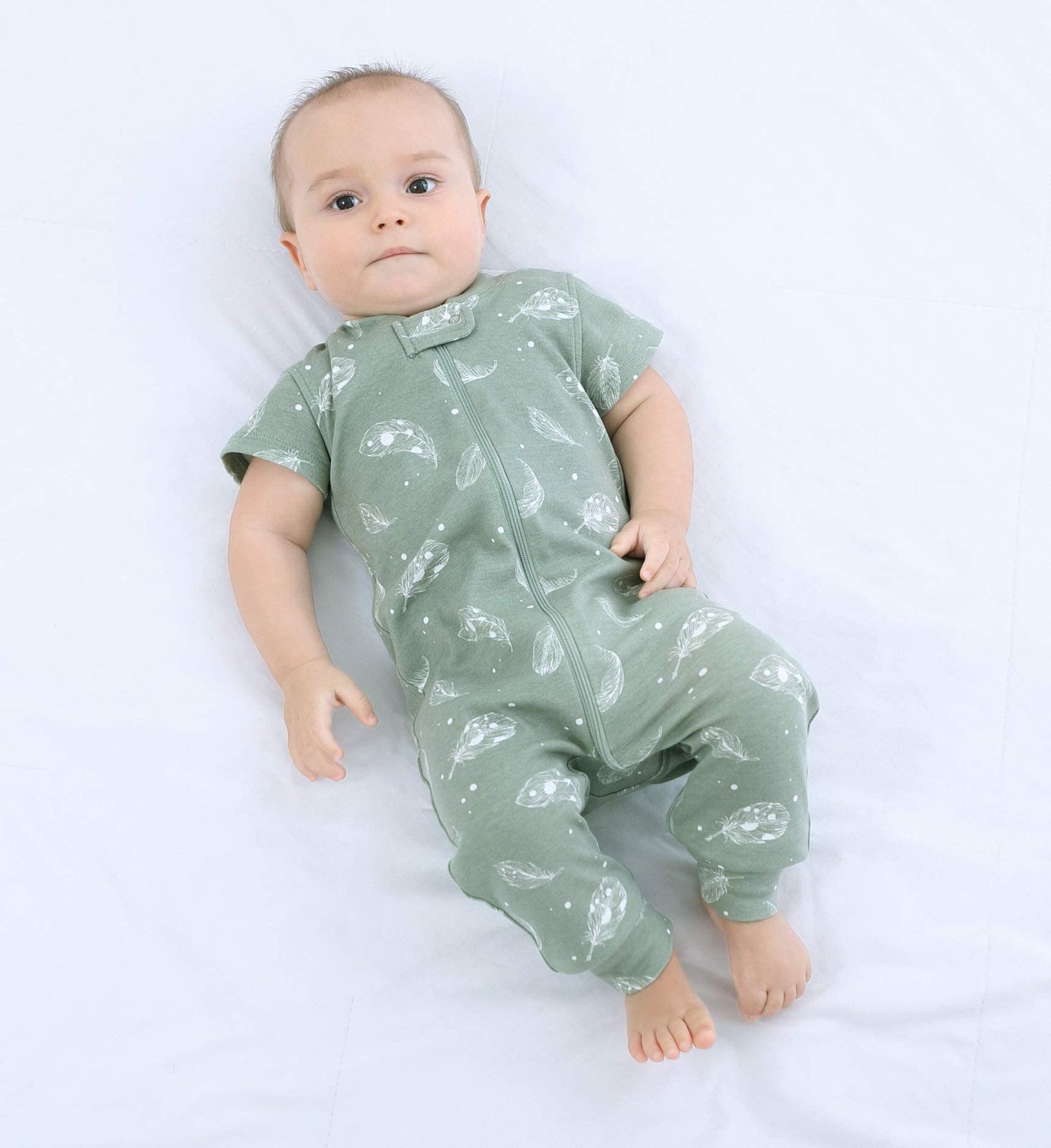 Owlivia Baby Boy Romper, Unisex Short-Sleeve Summer Outfit, 100% Organic Cotton Boy One-Piece Jumpsuit(6-12 Months, Feather Gree