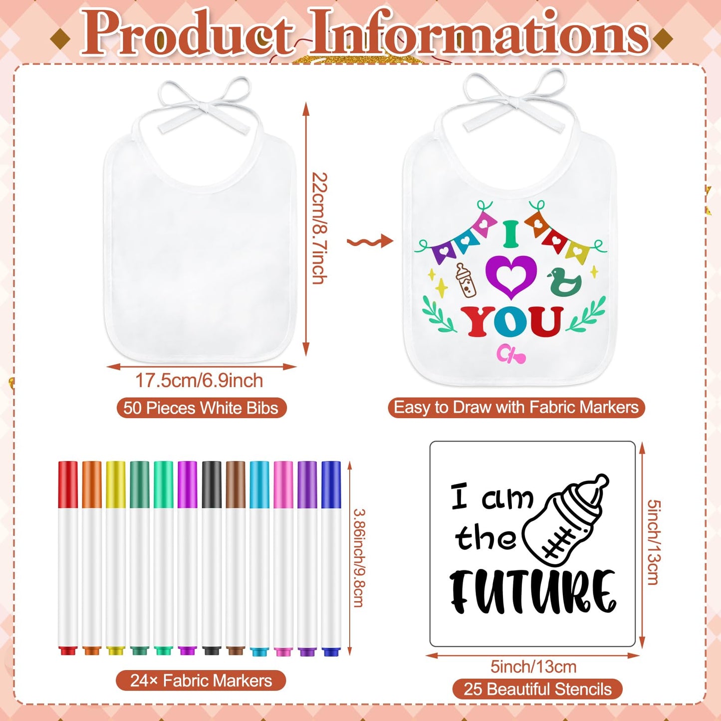 Panitay 100 Pcs Diy Baby Bibs Decorating Kit 50 White Bibs 25 Stencils 24 Fabric Markers 1 Baby Shower Game Sign(Boho)