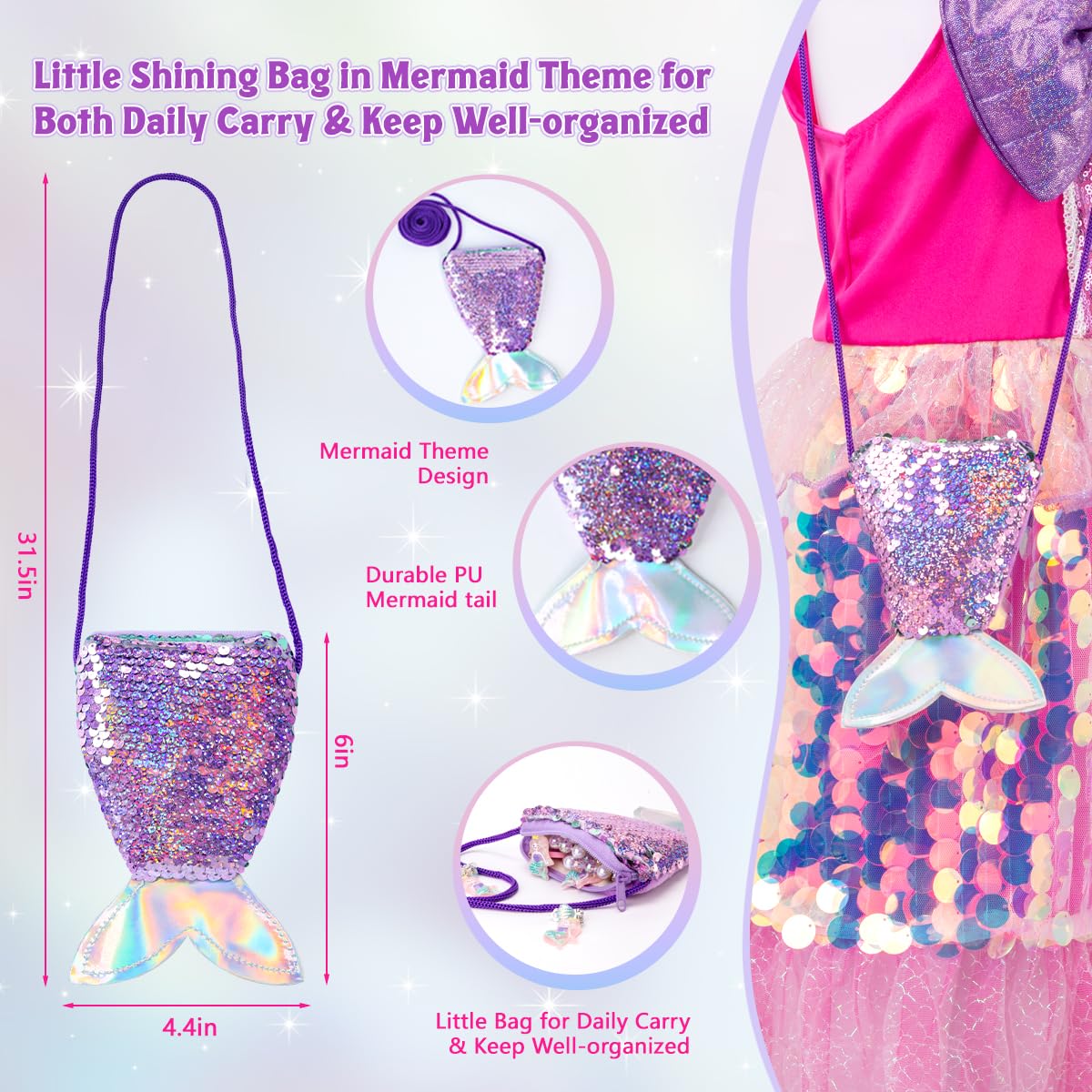 Meland Princess Dress Up For Girls 3-8, Mermaid Dress For Girls With Bag, Dress Up Clothes For Girls Halloween Costume