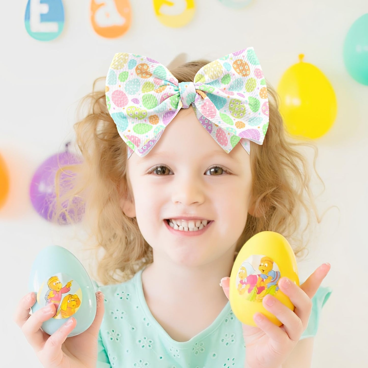 Yanjie 7' Easter Baby Girl Bows Egg Headband Easter Hair Bows Large Easter Baby Headband Toddler Girls Hair Accessories Infant