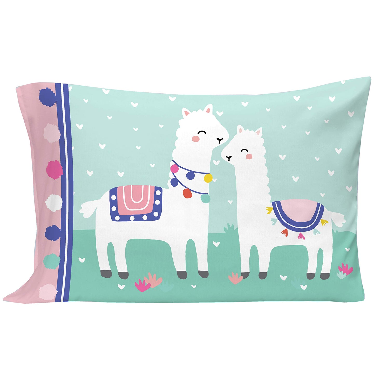 Everything Kids Pink & Mint Llama 4Piece Toddler Bed Set - Comforter, Fitted Bottom Sheet, Flat Top Sheet, Reversible Pillowcase