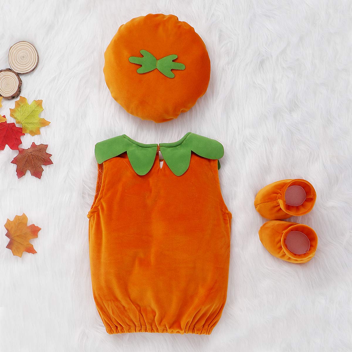 Visgogo Baby Boy Girl Halloween Pumpkin Romper Bodysuit+Hat+Shoes 3Pcs Outfit Costumes (0-6 Months)