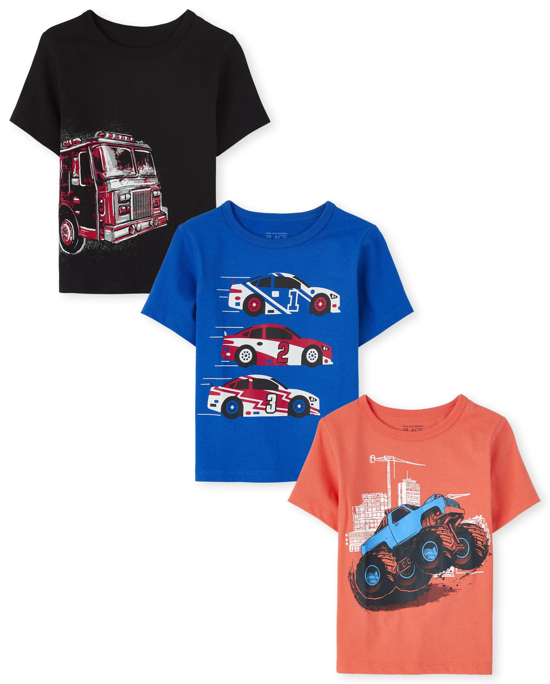 The Childrens Place 2T Baby Boys & Toddler Girls 3-Pack Graphic T-Shirts - Firetruck, Race Car, Monster Truck