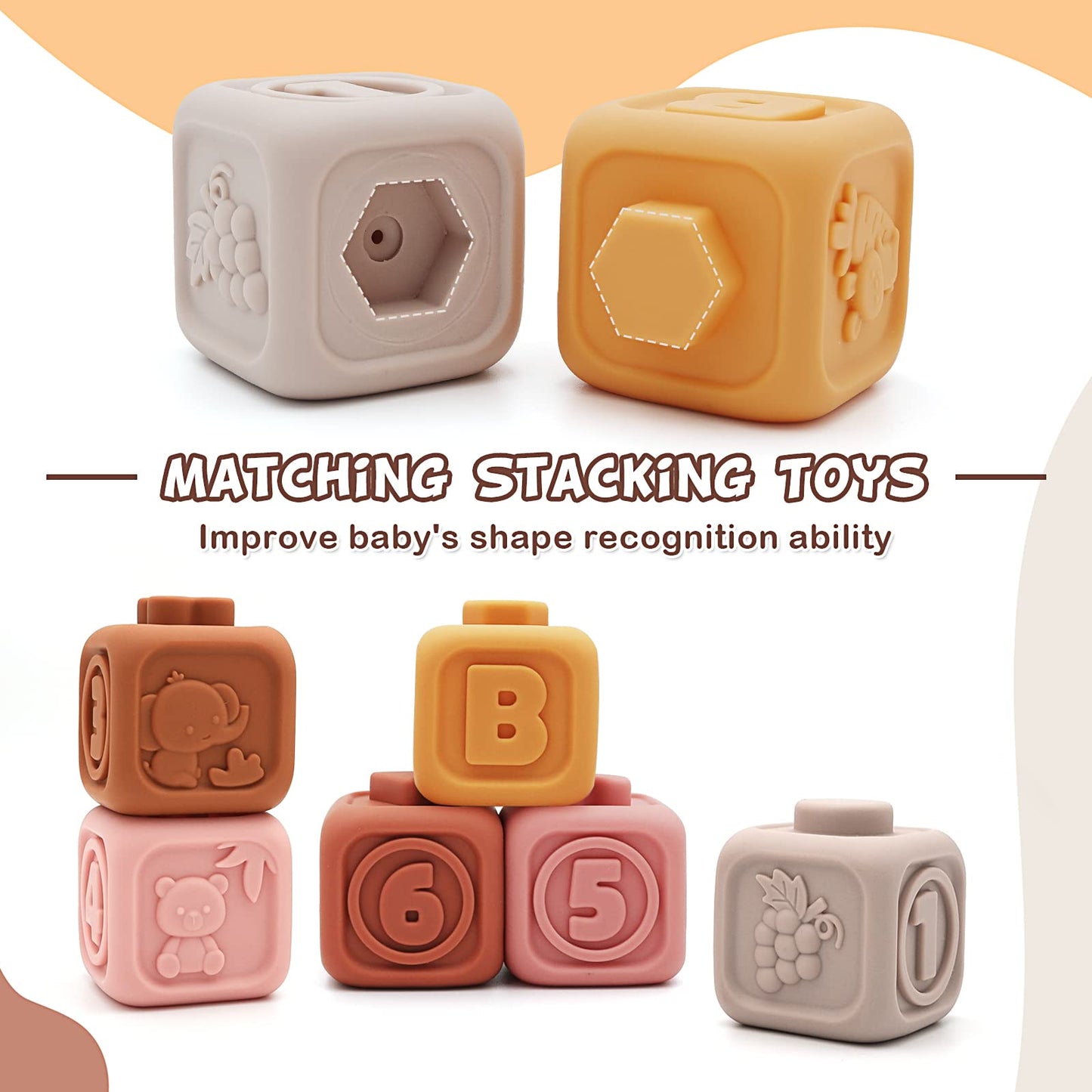 Nueplay 7 Pcs Soft Building Blocks, Sensory Stacking Squeeze Toys with Horse Figure, Newborn Essentials for 6 12 18 Months Baby