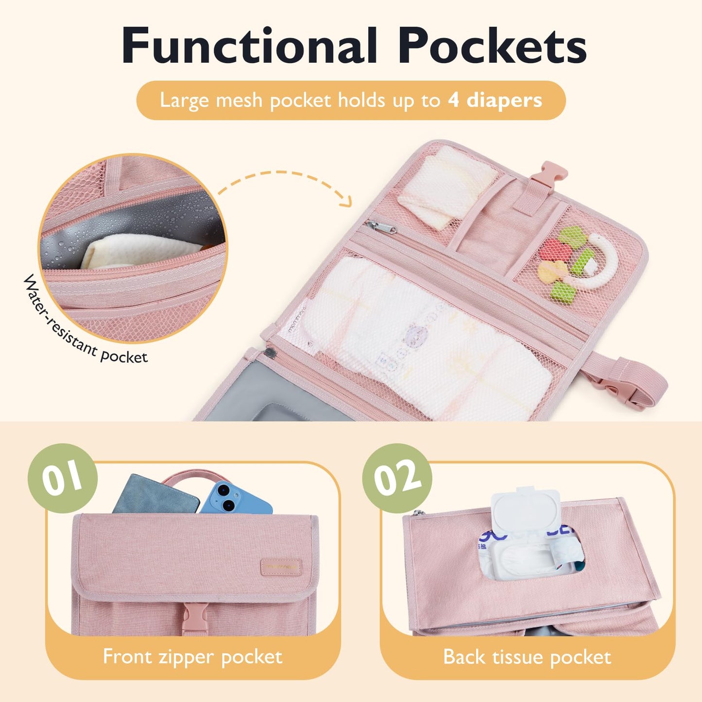 Mommore Portable Changing Pad For Newborn Expandable Diaper Changing Pad With Wipes Pockets Water Resistance Baby Changing Pad F