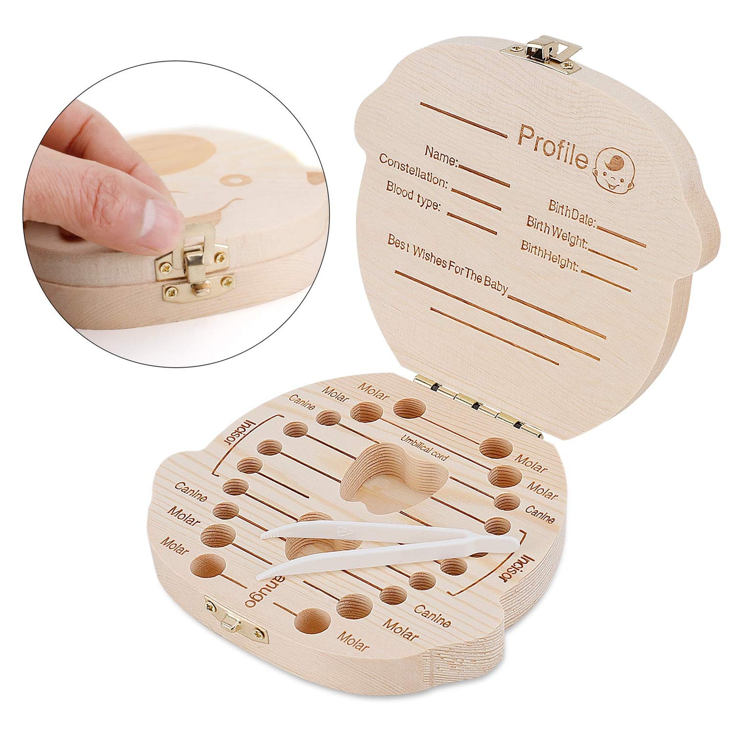 NASHRIO Baby Tooth Box Wooden Kids Keepsake Organizer Gift for Baby Teeth, Cute Children Tooth Container with Tweezers to Keep t