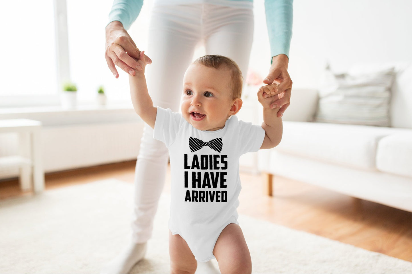 Ladies I Have Arrived - Funny Baby Essentials Bodysuit - Newborn Outfits Clothes Baby Boy Romper (6 Months, White)
