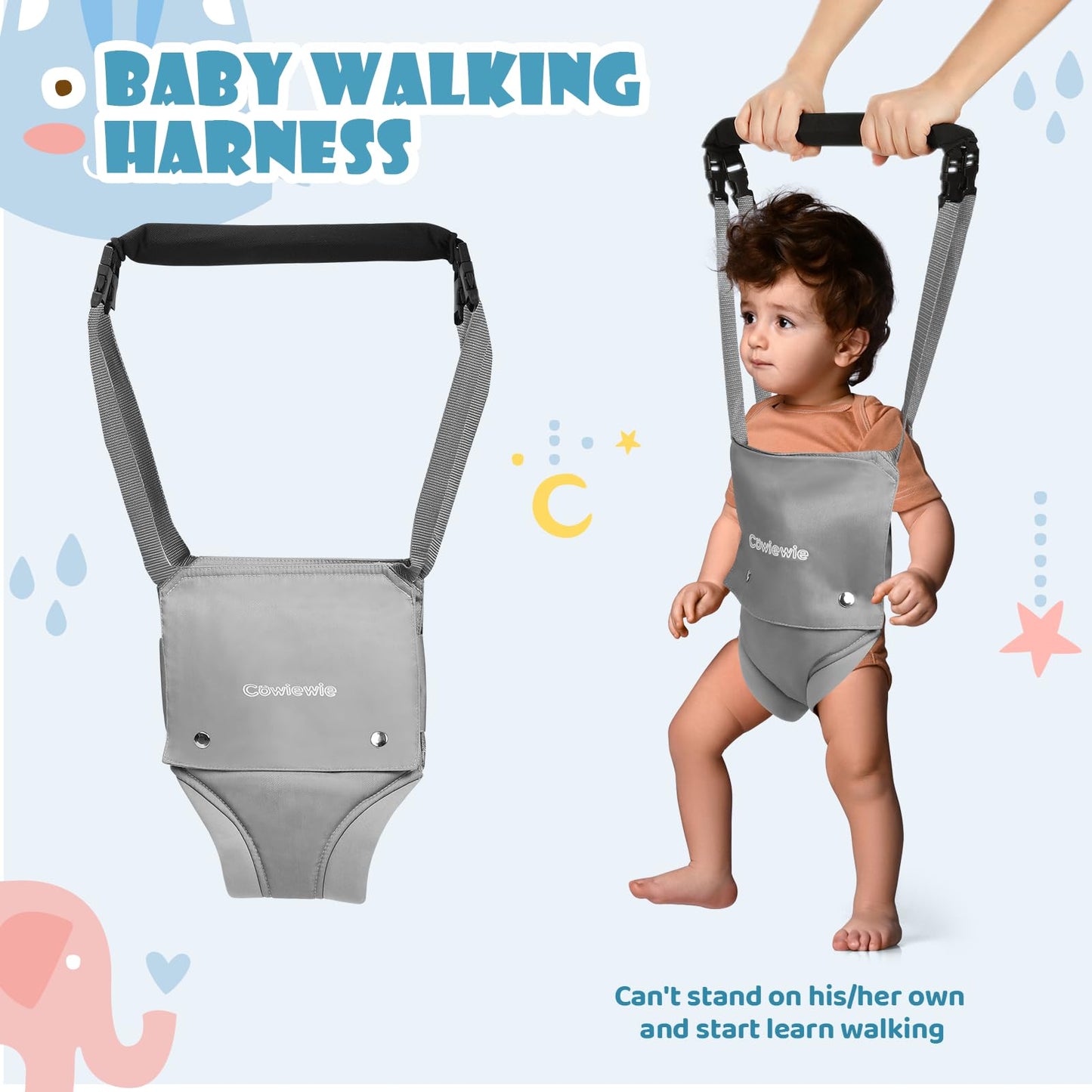 Cowiewie 2 In 1 Baby Door Jumper W/Baby Walking Harness Function, Baby Jumper With Door Clamp Adjustable Strap And Seat, Gray