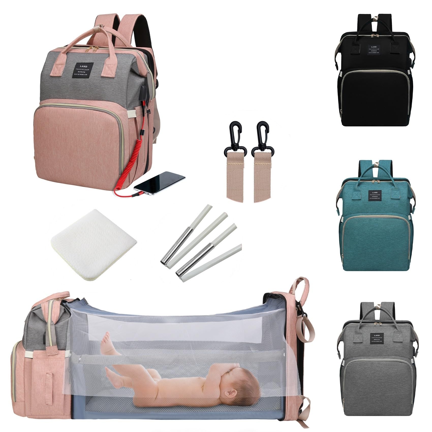 Anwtotu Diaper Bag With Changing Station,Diaper Bag Backpack,7 In 1 Travel Diaper Bag,Mommy Bag With Usb Charging Port (Pink-Gre