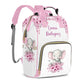 Perarts Cute Elephant Personalized Diaper Bag Backpack for Baby Boy with Name, Pink Custom Nappy Nursing Bag for Moms Dads, Cust