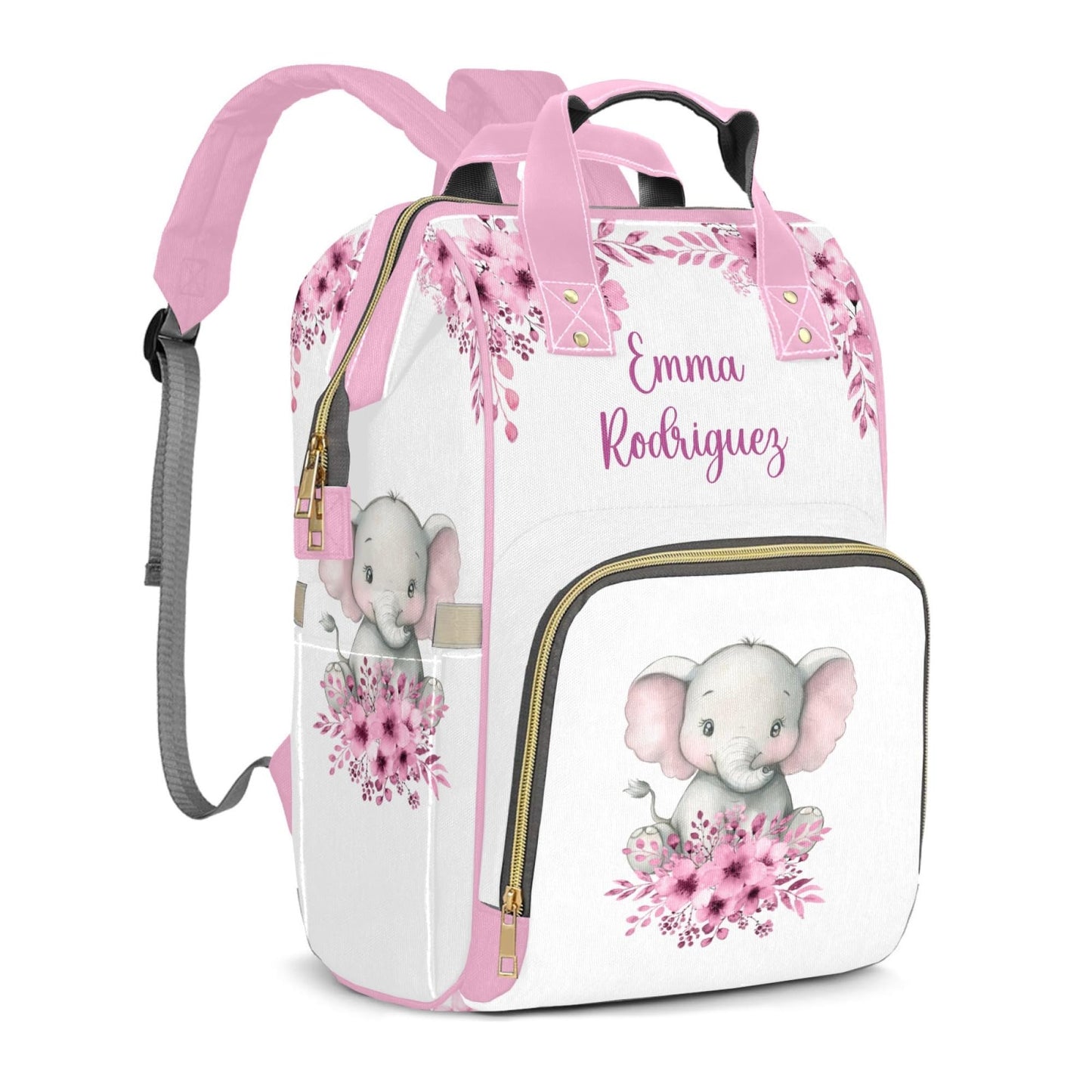 Perarts Cute Elephant Personalized Diaper Bag Backpack for Baby Boy with Name, Pink Custom Nappy Nursing Bag for Moms Dads, Cust