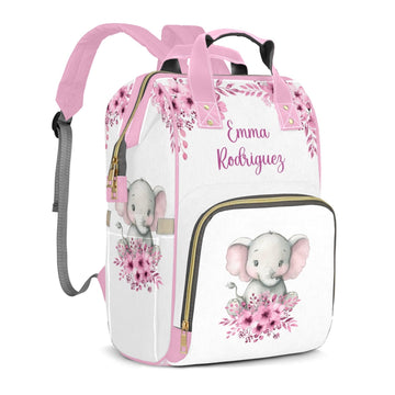 Perarts Cute Elephant Personalized Diaper Bag Backpack for Baby Boy with Name, Pink Custom Nappy Nursing Bag for Moms Dads, Cust