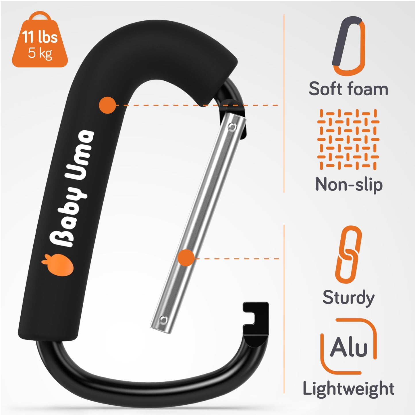 Baby Uma Xl Carabiner Clips Heavy Duty (2 Pack) - Universal Stroller Hooks, Carry 11 Lbs Per Large Carabiner Clip, Stroller Clip