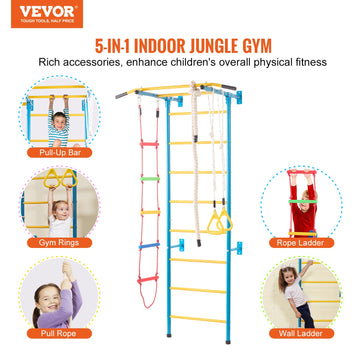 Vevor Indoor Jungle Gym For Toddlers, 5-In-1 Climbing Playset With Carbon Steel Swedish Ladder, Wall Ladder, Pull-Up Bar, Rope L
