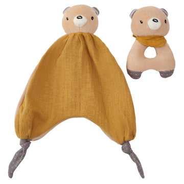 CUDDLE CORNER Organic Cotton Stuffed Animal Rattle Baby Toys, Plush Bear Cuddle Cloth and Hand Grip Ring Rattles Plush Toy Set f