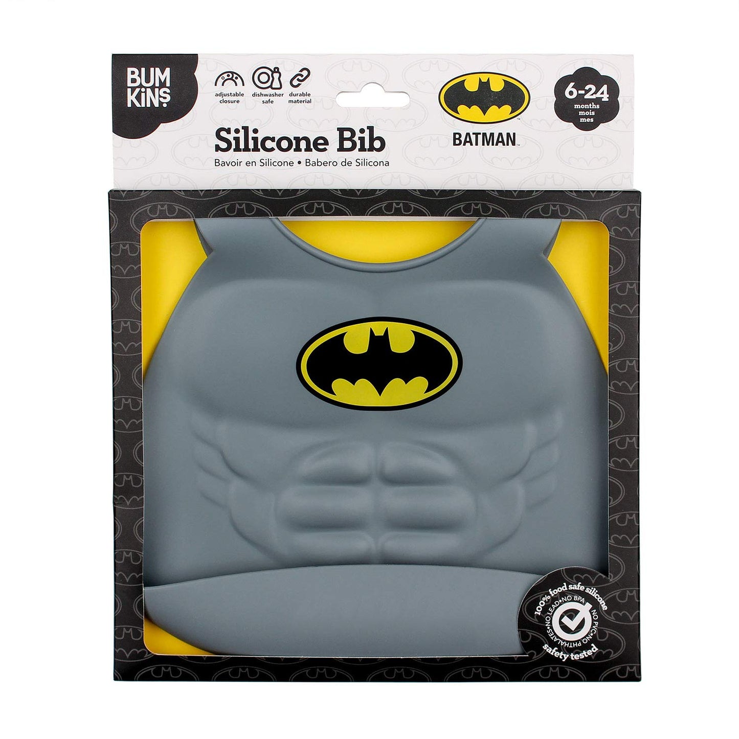 Bumkins Silicone Toddler Bib, Dc Comics Baby, Waterproof, Wipe Clean, Stain And Odor Resistant, 6-24 Months, Batman, 8.5 X 1.5 X