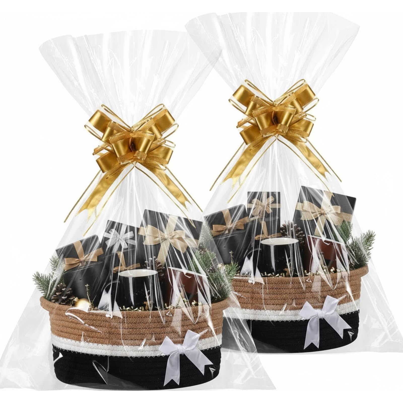 Colingmill 2 Pack Christmas Woven Gift Basket Empty with Ribbon Bow, 12x 8x 5 Christmas Chest Box with Gift Bags Candy Bas