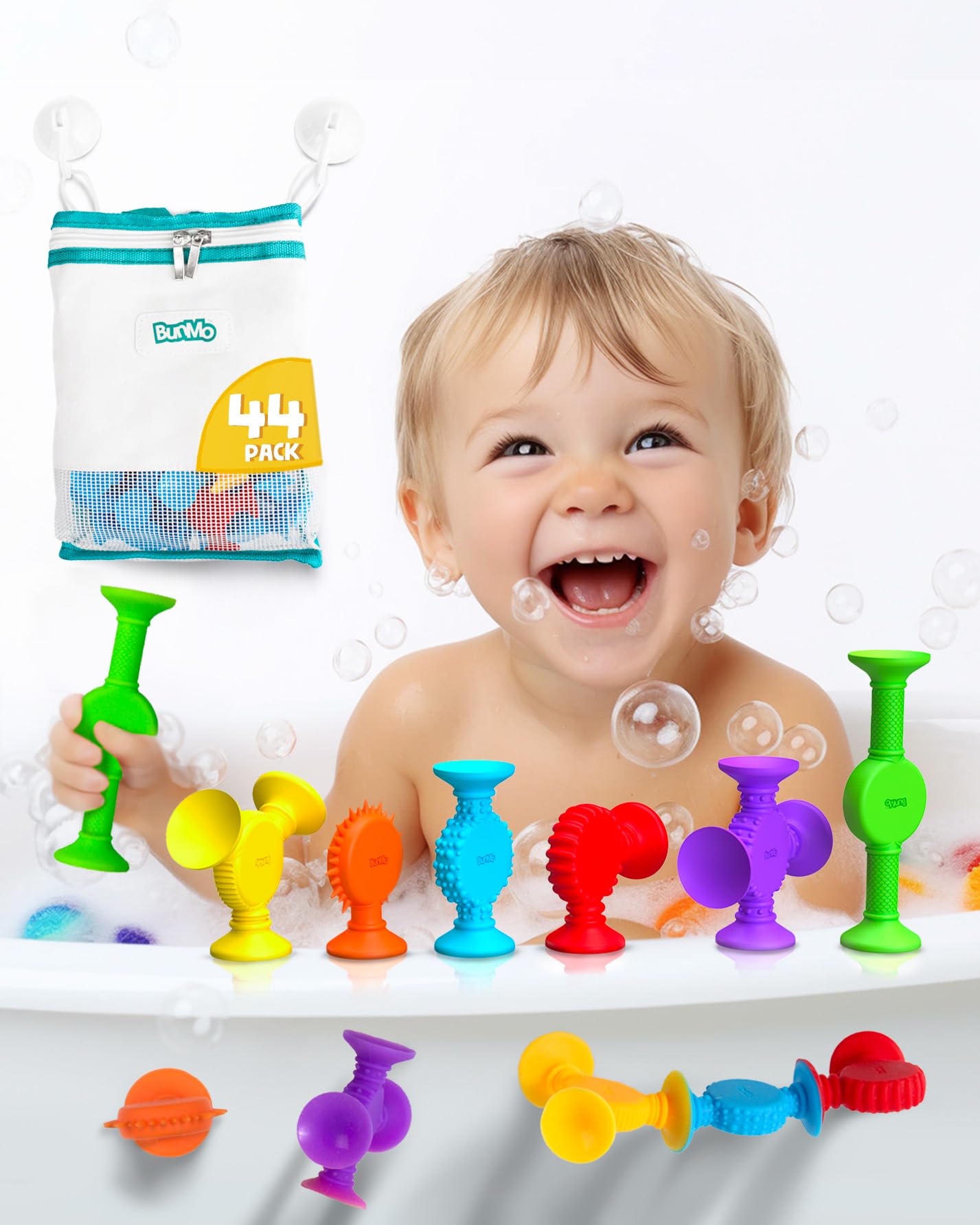 BUNMO Textured Suction Bath Toys 44pcs | Connect, Build, Create | No Mold Bath Toy | Fine Motor Skills | Stimulating & Addictive