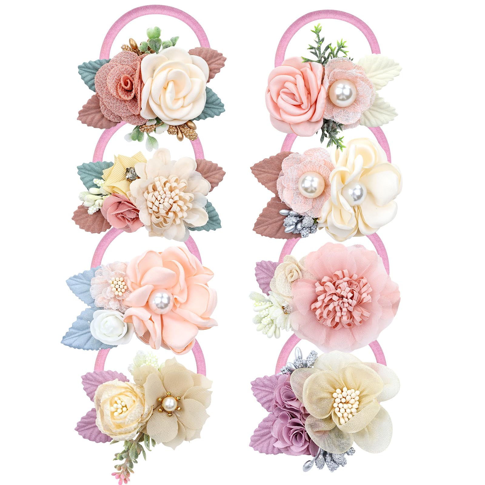 Dizila 8 Pack Decorative Pearl Flower Hair Ties Rubber Bands Elastics Stretchy Floral Hair Scrunchies Pigtail Ponytail Holders F