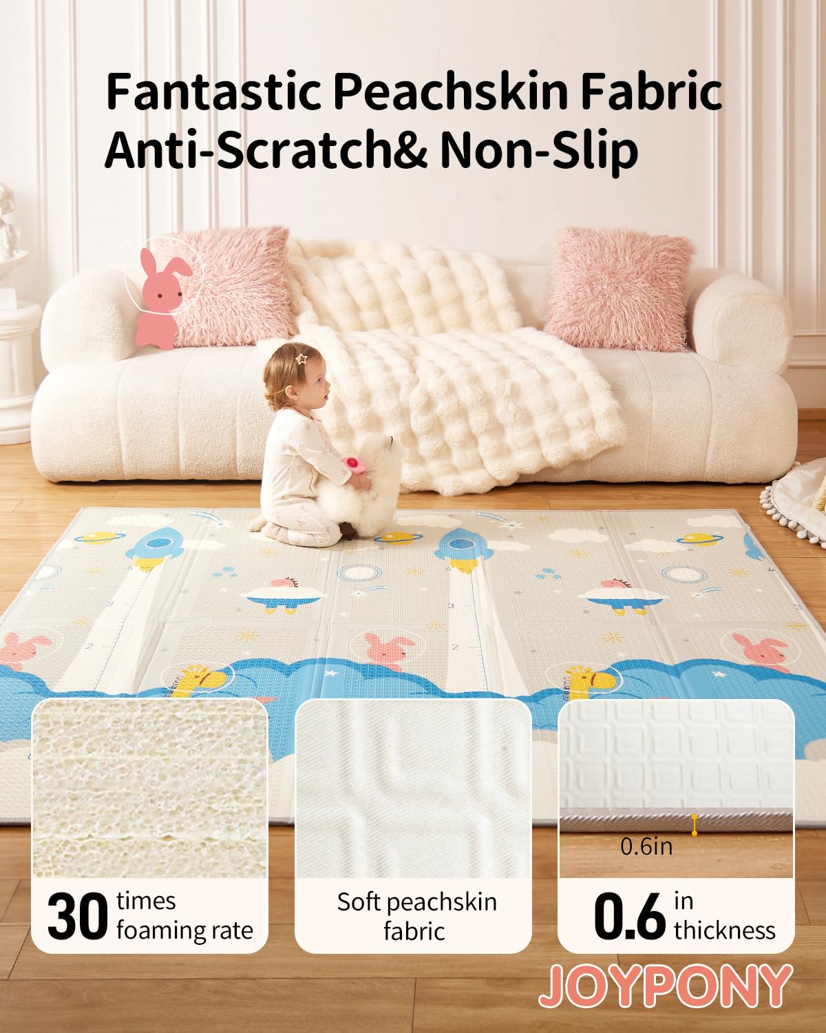 Joypony Baby Play Mat 79X71X0.6 Inches, Fabric Cloth Surface Extra Large & Thick Foldable Play Mats For Baby Girls Boys, Waterpr