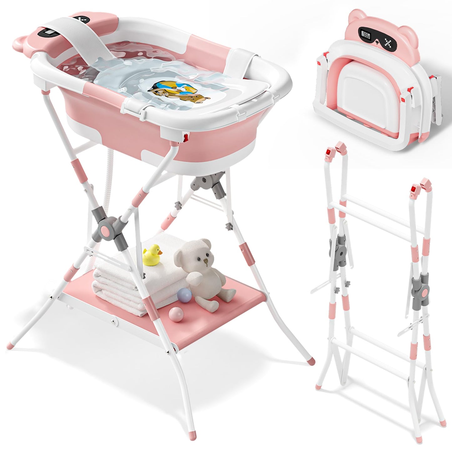 AVIDOR 2-in-1 Baby Bathtub with Stand for Newborn and Infants, Foldable Baby Bath Tub, Baby Shower Gifts for New Parents, Pink