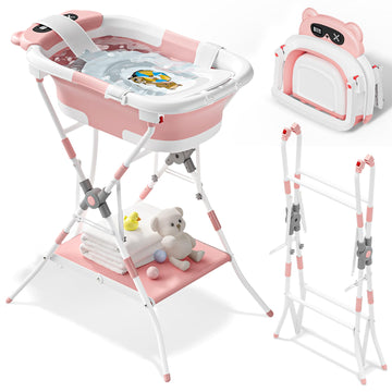 AVIDOR 2-in-1 Baby Bathtub with Stand for Newborn and Infants, Foldable Baby Bath Tub, Baby Shower Gifts for New Parents, Pink