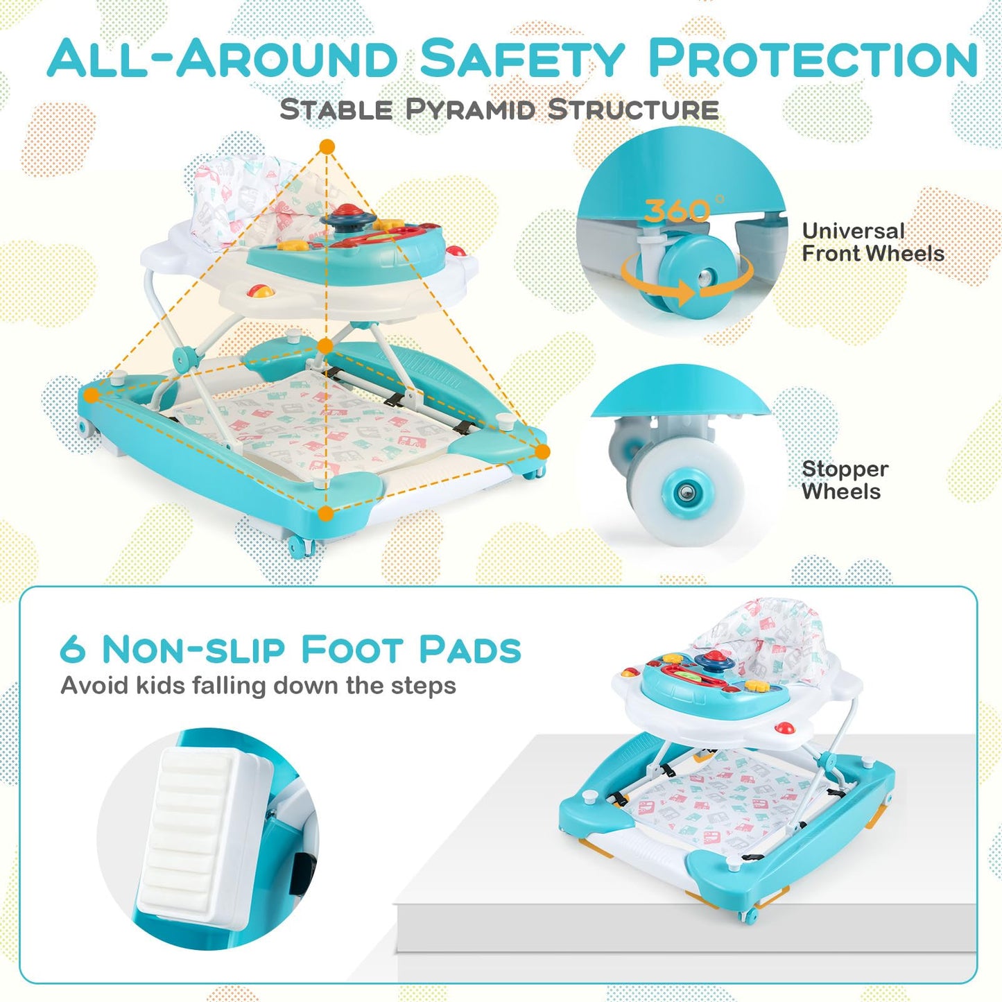 Baby Joy 6-In-1 Baby Walker, Baby Walker With Wheels, Adjustable Height, Music, Lights, Rocker Mode, Baby Activity Walker, Baby