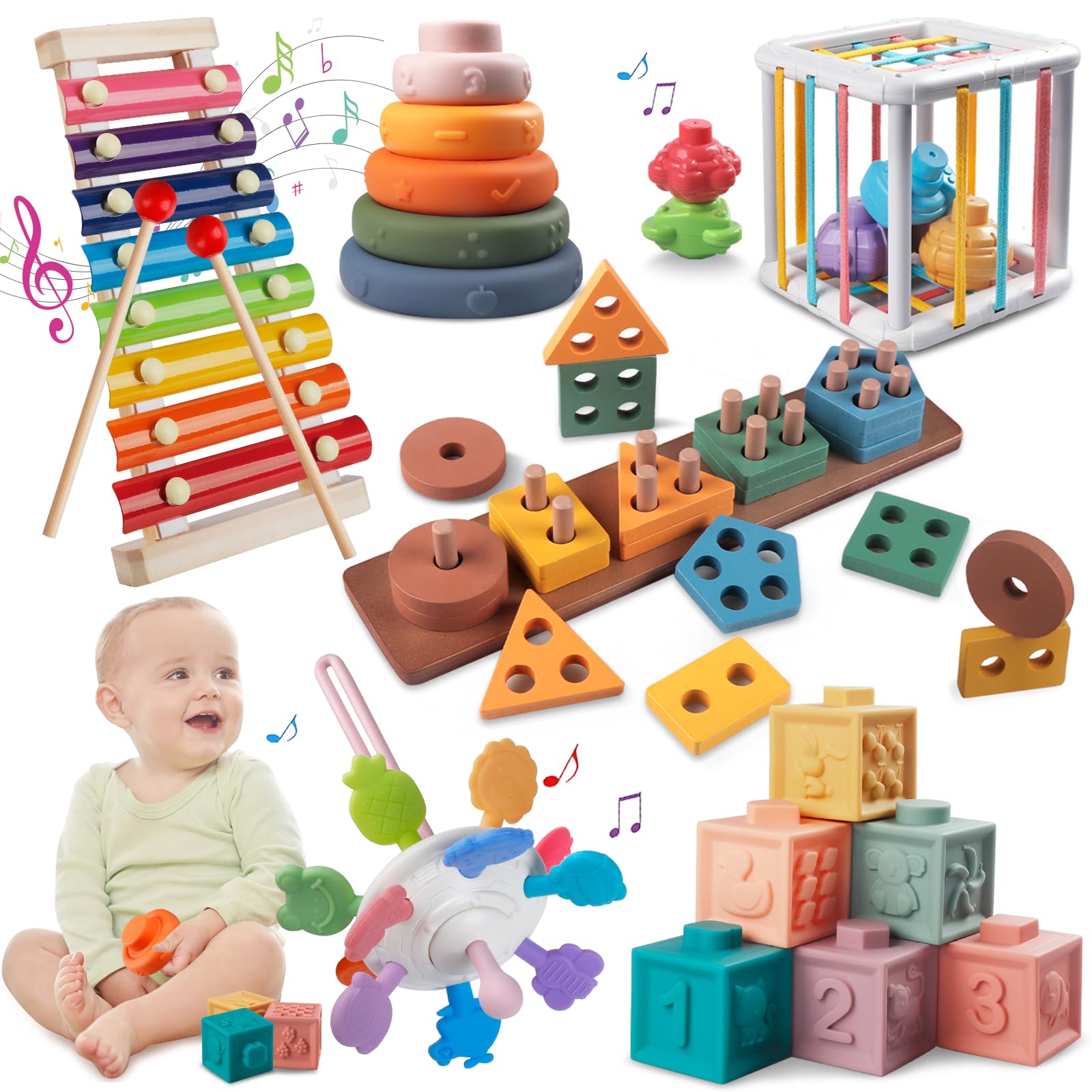 Montessori Baby Toys for 1+ Year Old - Sorting Stacking Learning Toys 6 to 12 Months, Wooden Building Blocks, Xylophone Musical,