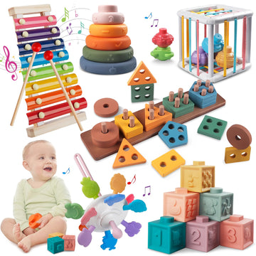 Montessori Baby Toys for 1+ Year Old - Sorting Stacking Learning Toys 6 to 12 Months, Wooden Building Blocks, Xylophone Musical,