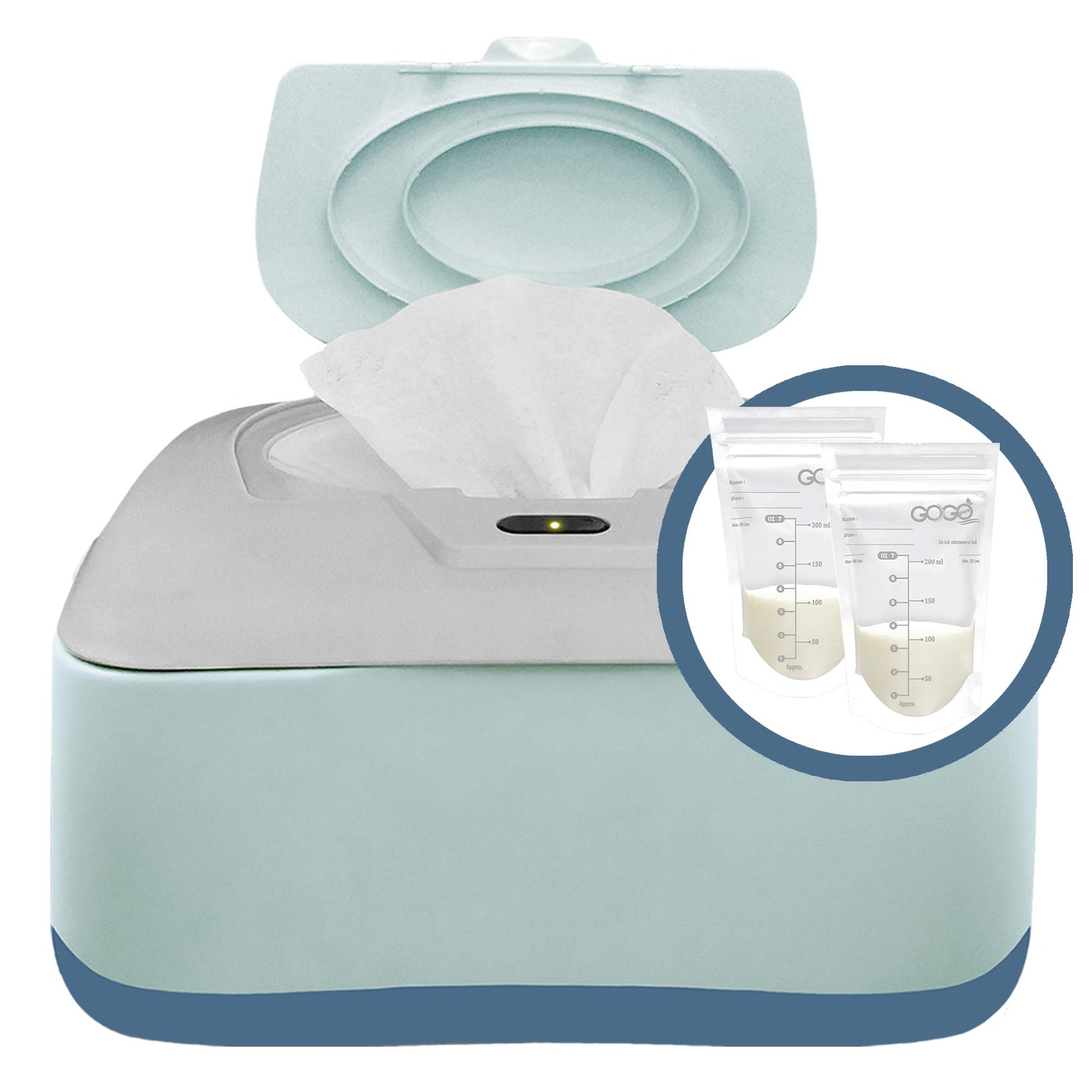 Gogo Pure Baby Wipe Warmer, Dispenser, Holder And Case With Bonus 30 Breastmilk Storage Bags - Warmer With Easy Press On/Off Swi