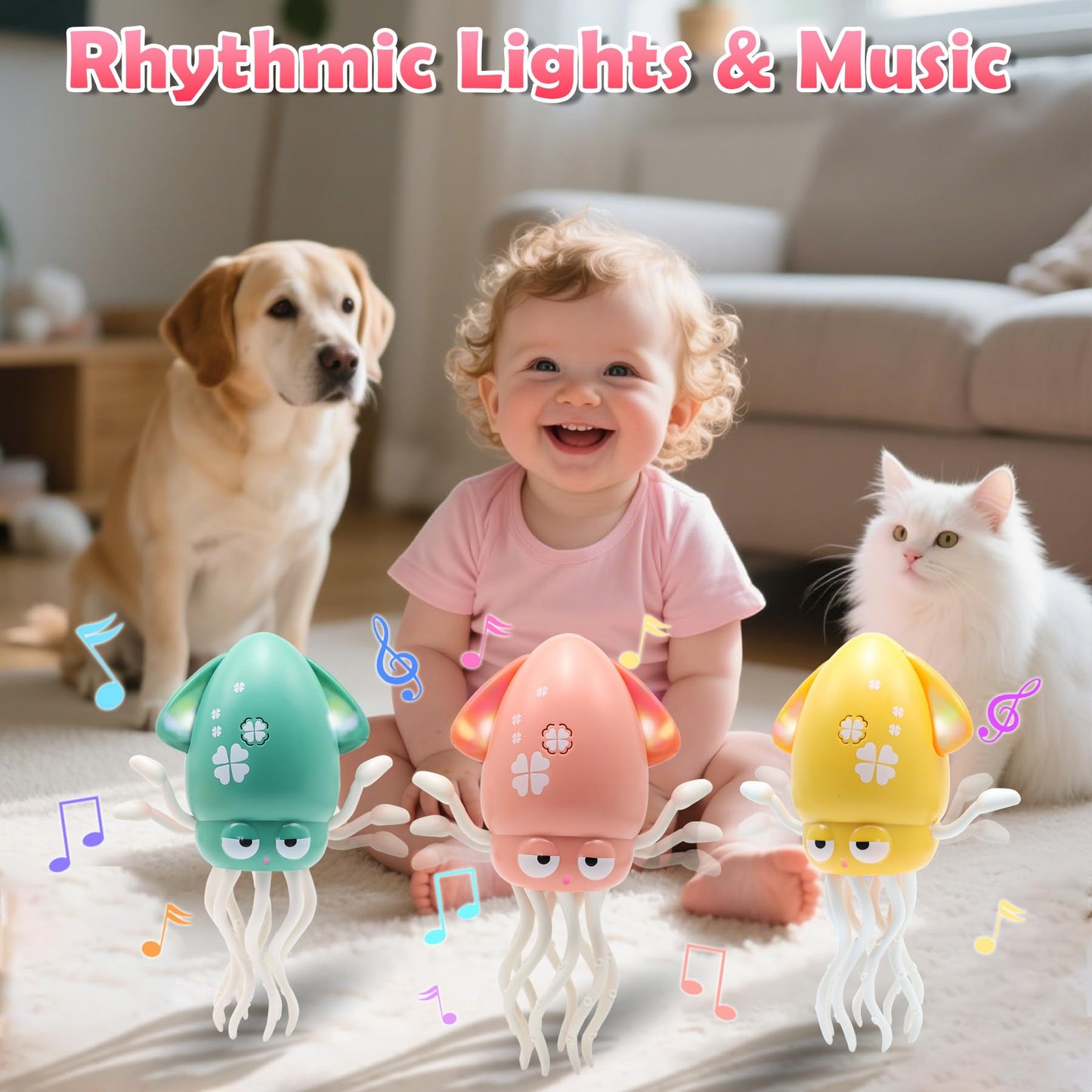 Pbooo Magic Dancing Octopus Toy, Electric Crawling with LED Lights and Music, Rechargeable Music Squid Baby Toy for 3-6 Year Old