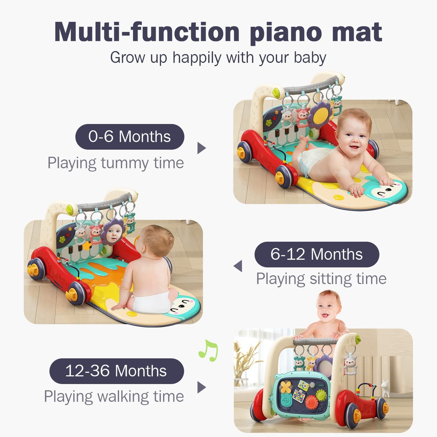 3 In 1 Baby Play Mat Baby Gym, Floor Activity Center And Infant Baby Walker- Toddler Push Walker, Play Piano Tummy Time,Boy & Gi