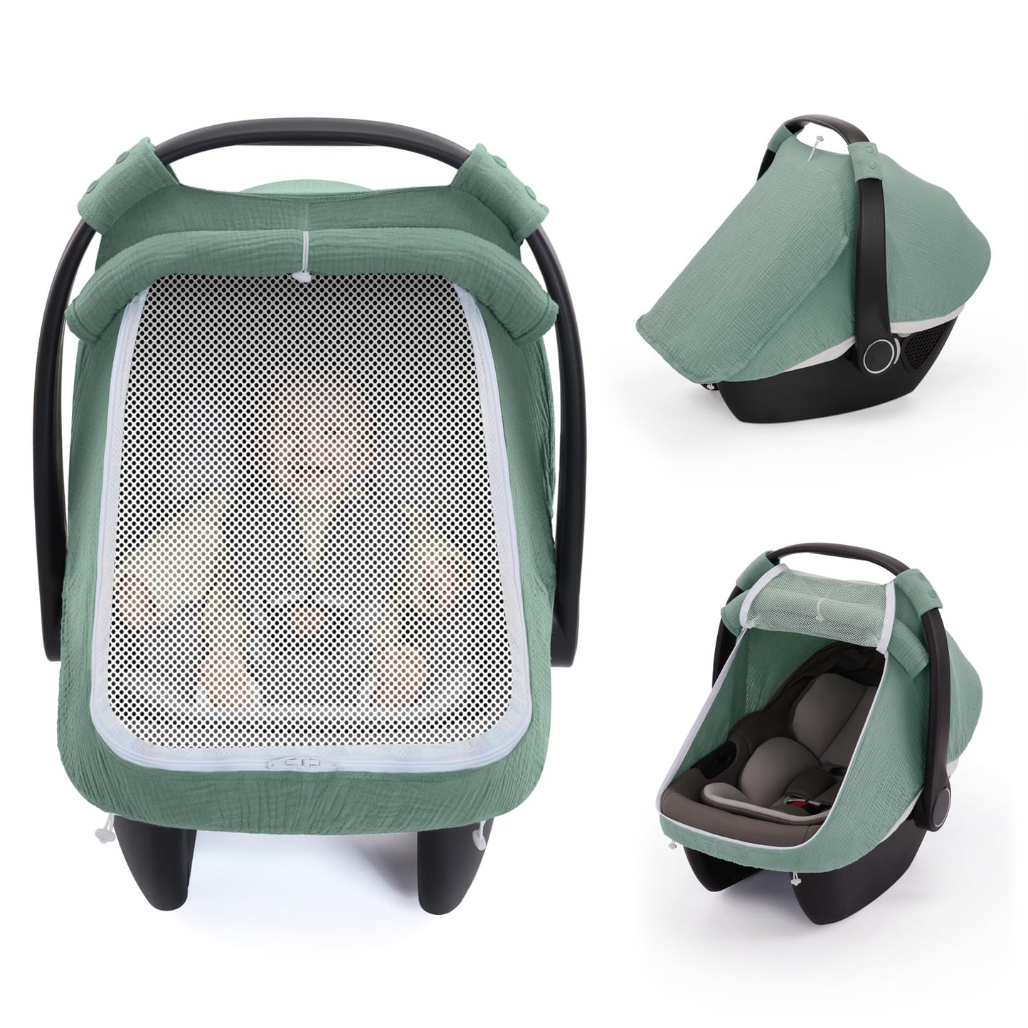 Blissful Diary Baby Car Seat Cover, Extra Large Mesh Window, Breathable Muslin Cotton, Infant Windproof Canopy - Roman Green